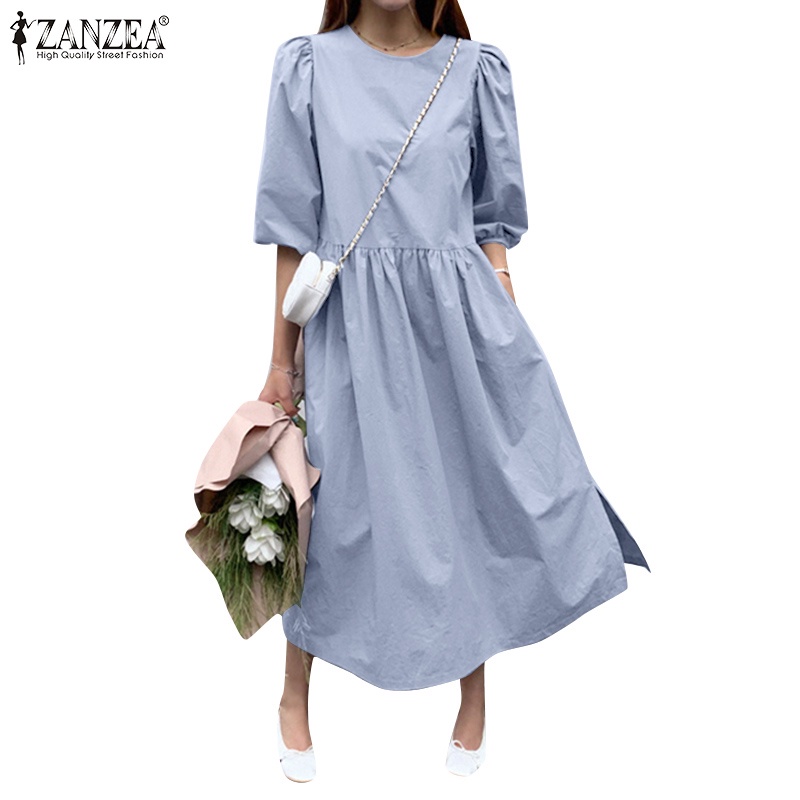 Đầm Zanzea tay phồng cổ tròn nút cài sau lưng thời trang cho nữ