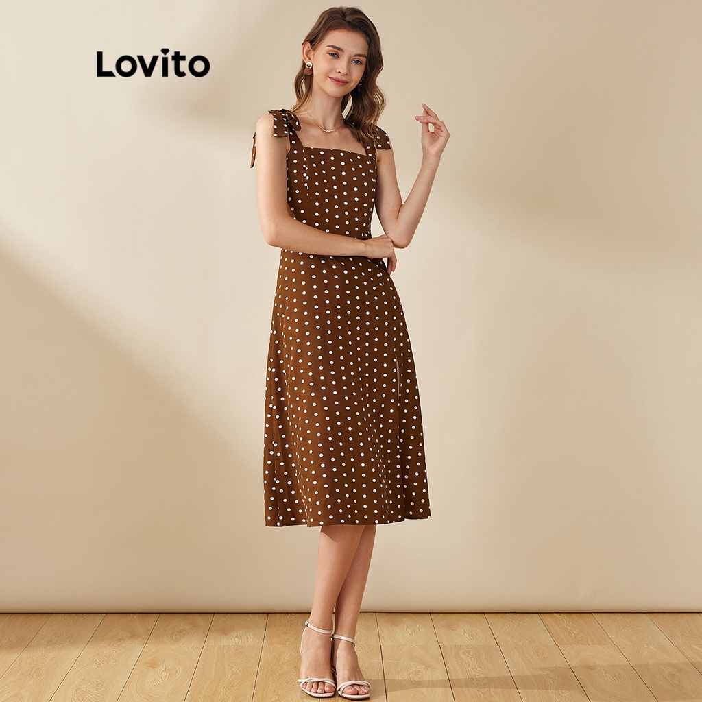 Lovito Đầm Trễ Vai Xẻ Tà Họa Tiết Chấm Bi Phong Cách Vintage L20D229