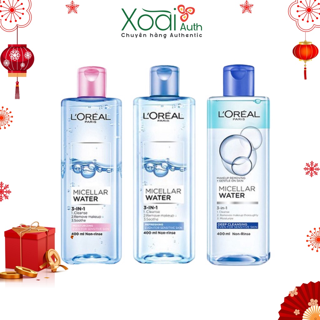 Nước Tẩy Trang  Loreal- L'Oreal Paris 3-in-1 Micellar 400ml Cho Da Khô, Da Dầu Mụn, Nhạy Cảm