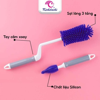cọ rửa bình sữa núm ti SILICON 2 chi tiết kichi - siêu mềm cọ sạch bình sữa và núm ti
