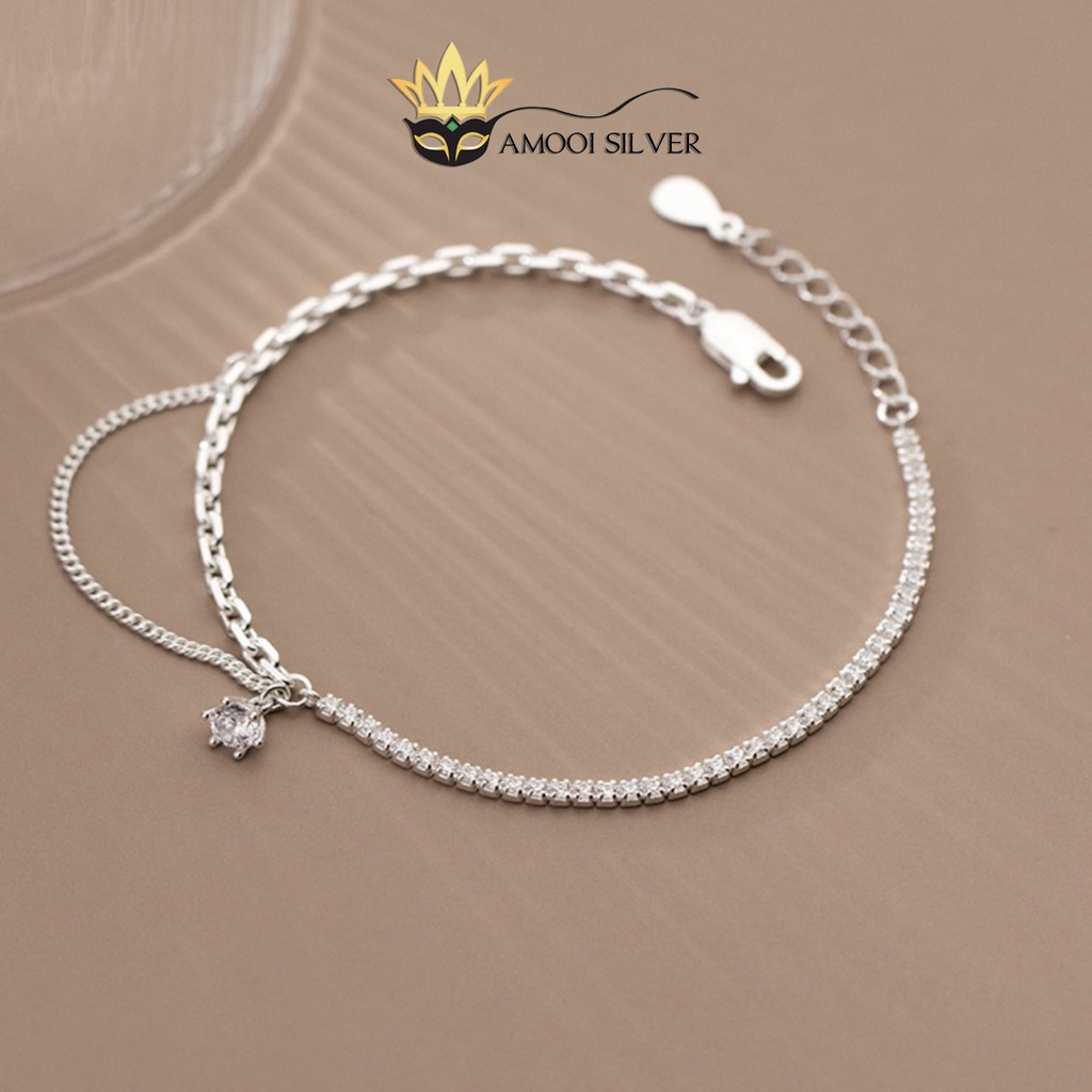 Lắc Tay Bạc S925 1 bên xích 1 bên nạm đá charm 6 chấu tòn ten - Amooi Silver AT118