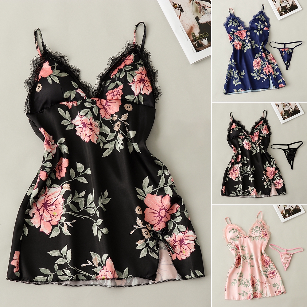 Đầm ngủ lụa satin phối ren hoa thiết kế quyến rũ