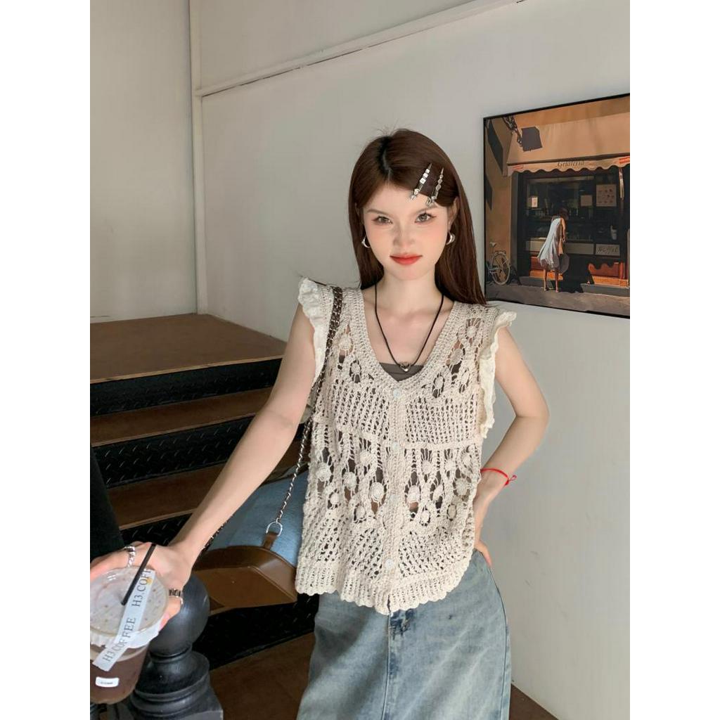 Áo Ống Tay Bay Cổ Chữ V Phối Ren Phong Cách Pháp 64036