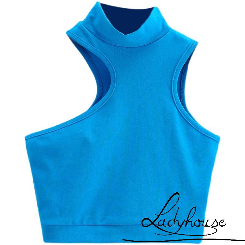 Áo Croptop Không Tay Cổ Cao Màu Sắc Đơn Giản Cho Nữ