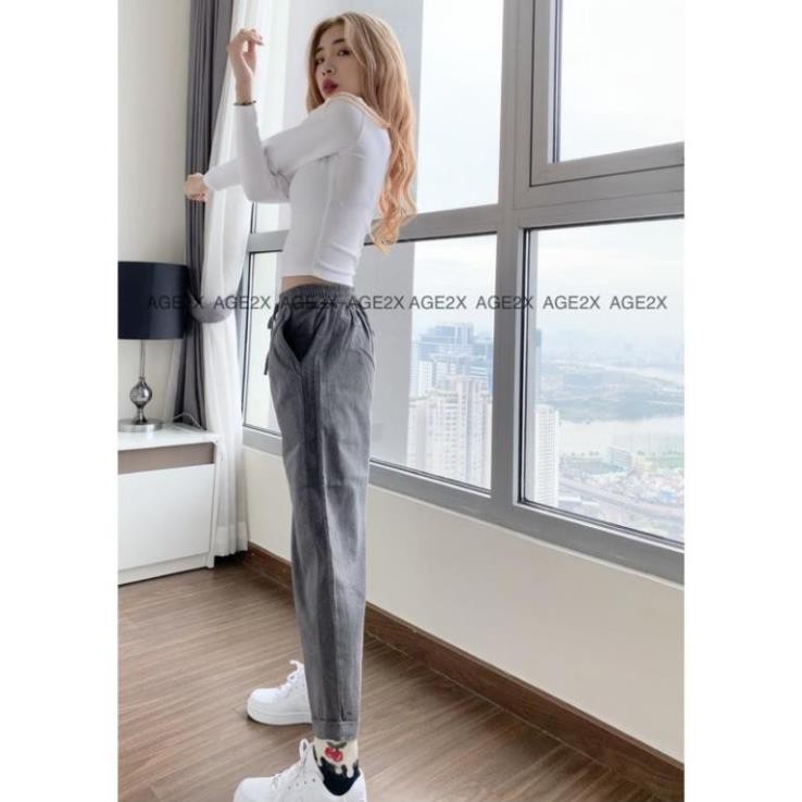 Quần baggy nữ AGE2X chất kaki phối sọc thun gân co giãn thoải mái hàng vnxk, vintage, trẻ trung | BigBuy360 - bigbuy360.vn