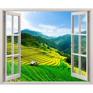 Tranh dán tường cửa sổ 3D VTC cảnh ruộng bậc thang VT0198 kim sa