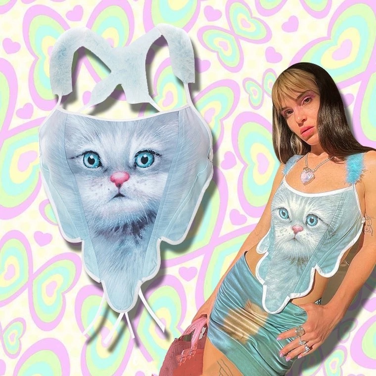 Áo Crop Top Hai Dây Phối Lông In Hình Mèo Gợi Cảm Cho Nữ