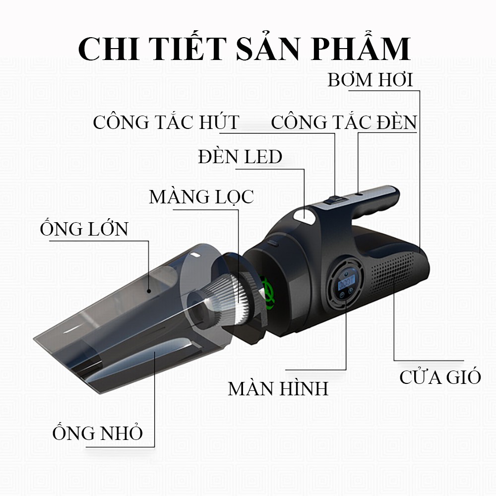 Máy hút bụi cầm tay đa năng 4 trong 1 cho gia đình và ô tô, hút bụi, bơm lốp, đo áp suất lốp kèm đèn pin tiện dụng.