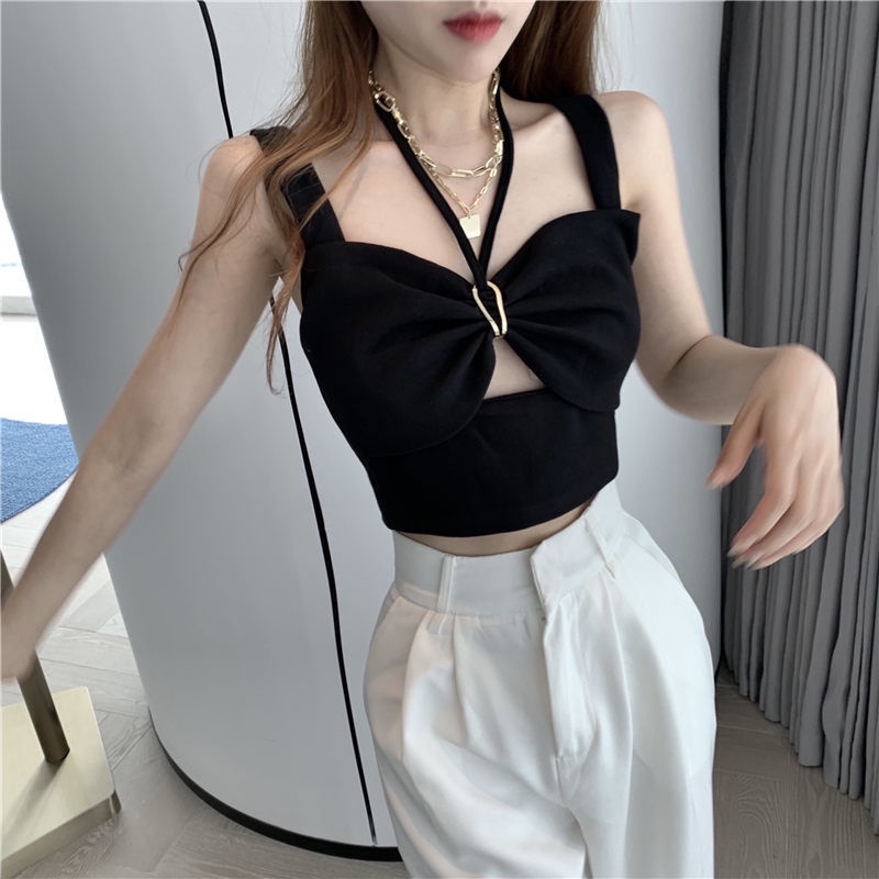 Áo dệt kim hai dây dáng ngắn màu đen thời trang mùa hè cho nữ 2021