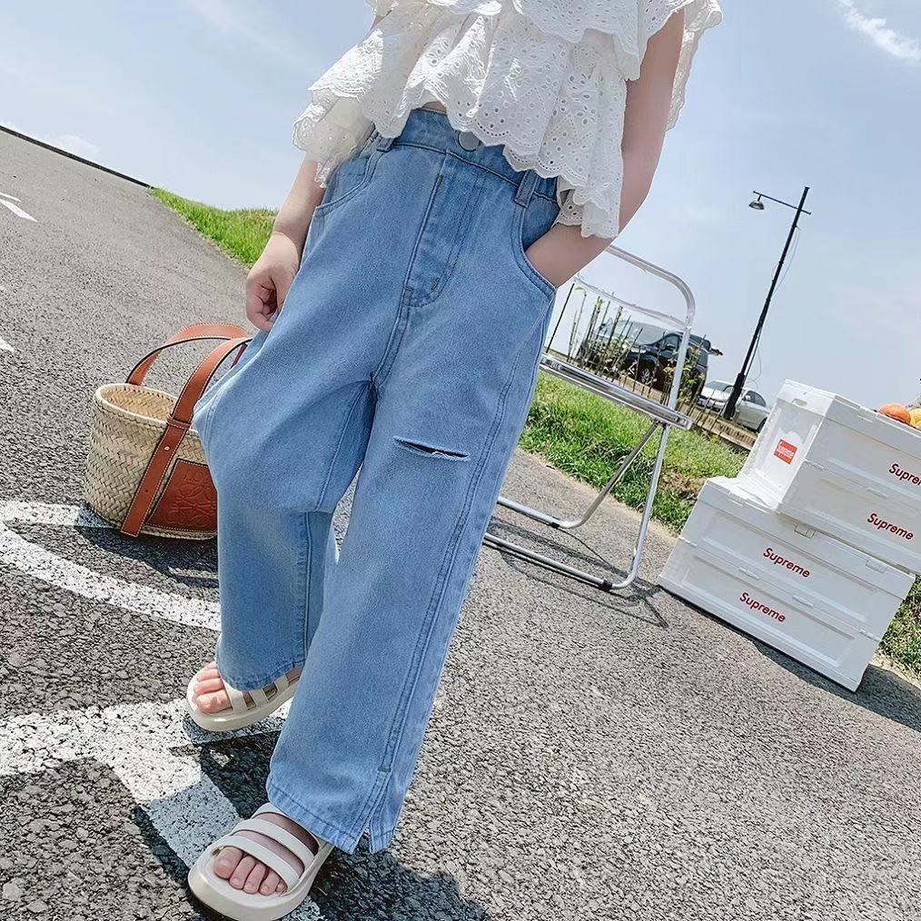Bộ Áo Sơ Mi Denim Phối Ren + Quần Dài Phong Cách Nhật Hàn Thời Trang Mới 2022 Cho Bé Gái