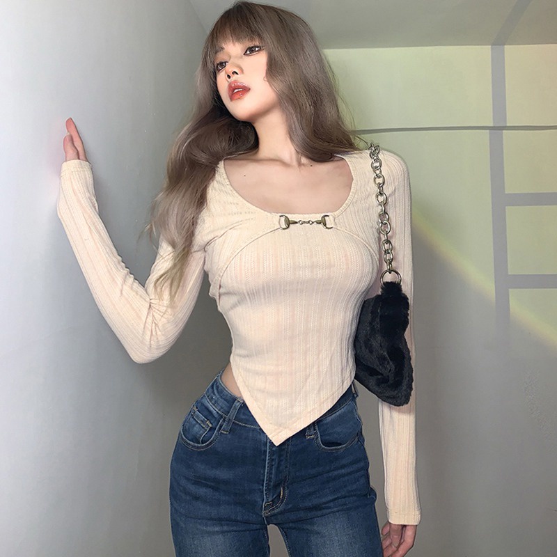 Áo Thun Tay Dài Giả Hai Lớp Màu Trơn Dáng Ôm Phong Cách Thời Trang Hàn Quốc Cho Nữ