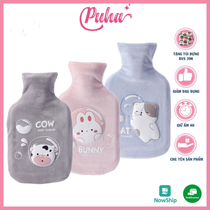 Túi chườm bụng kinh PUHA 1000ml, túi chườm ấm nóng sưởi ấm bụng cho nữ mẫu cute