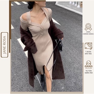 Váy len body cổ chéo xẻ đùi chất mịn sang chảnh tiểu thư