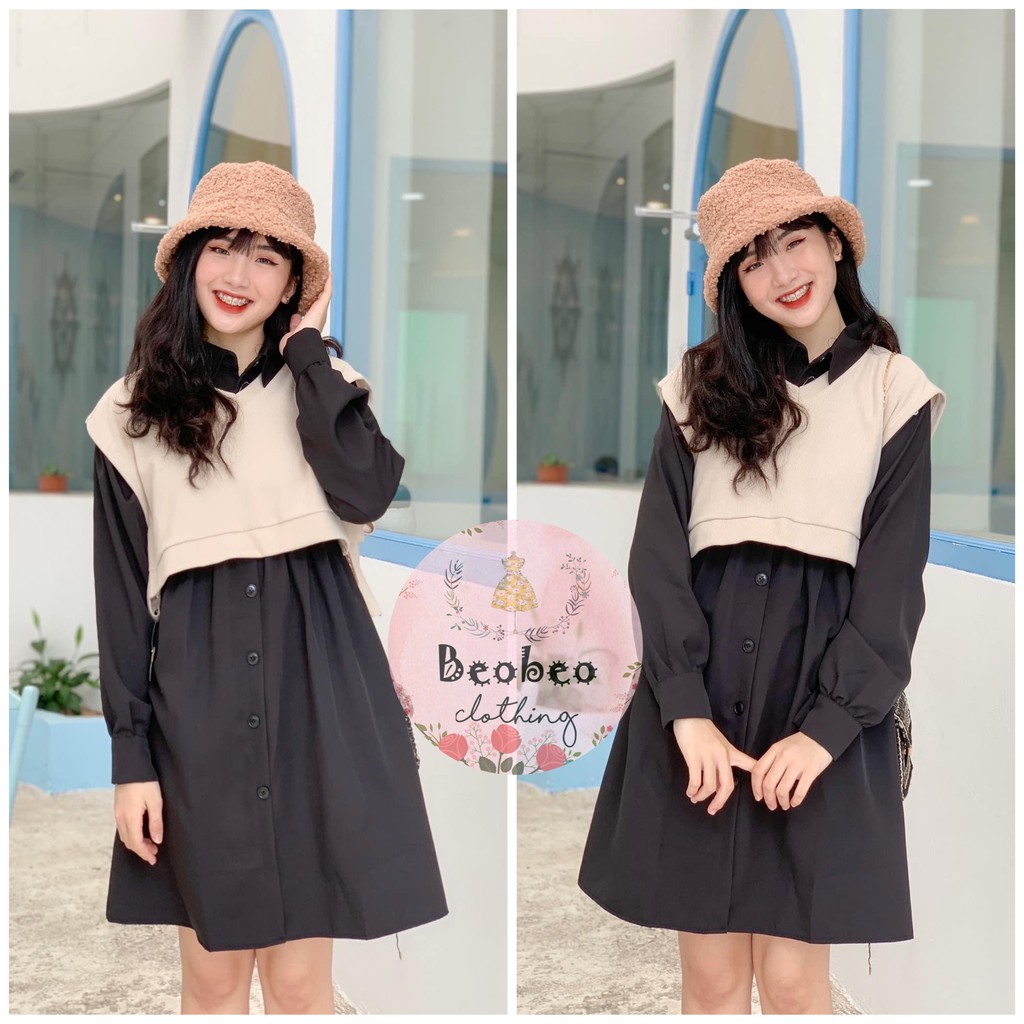 Set đầm sơ mi tay phồng phối nút kèm áo gile thắt nơ vintage