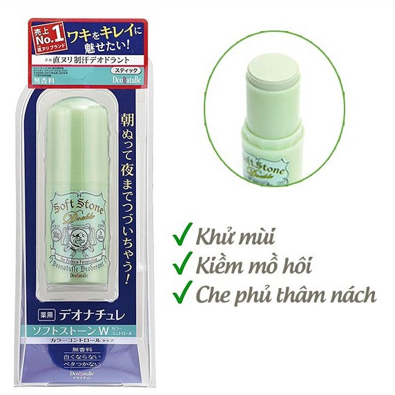 Lăn khử mùi đá khoáng Soft Stone Color Control 3 trong 1, khử mùi, kiềm mồ hôi, che phủ thâm nách màu xanh lá