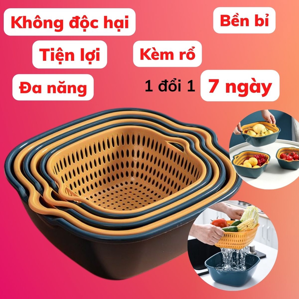 Bộ rổ nhựa kèm chậu 6 món vuông tròn cao cấp đựng rửa rau củ quả - Chất liệu an toàn siêu bền siêu đẹp