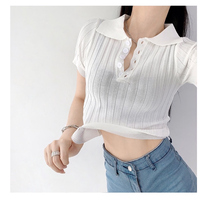 áo len dệt kim croptop cổ đức khuy cài (m81#)