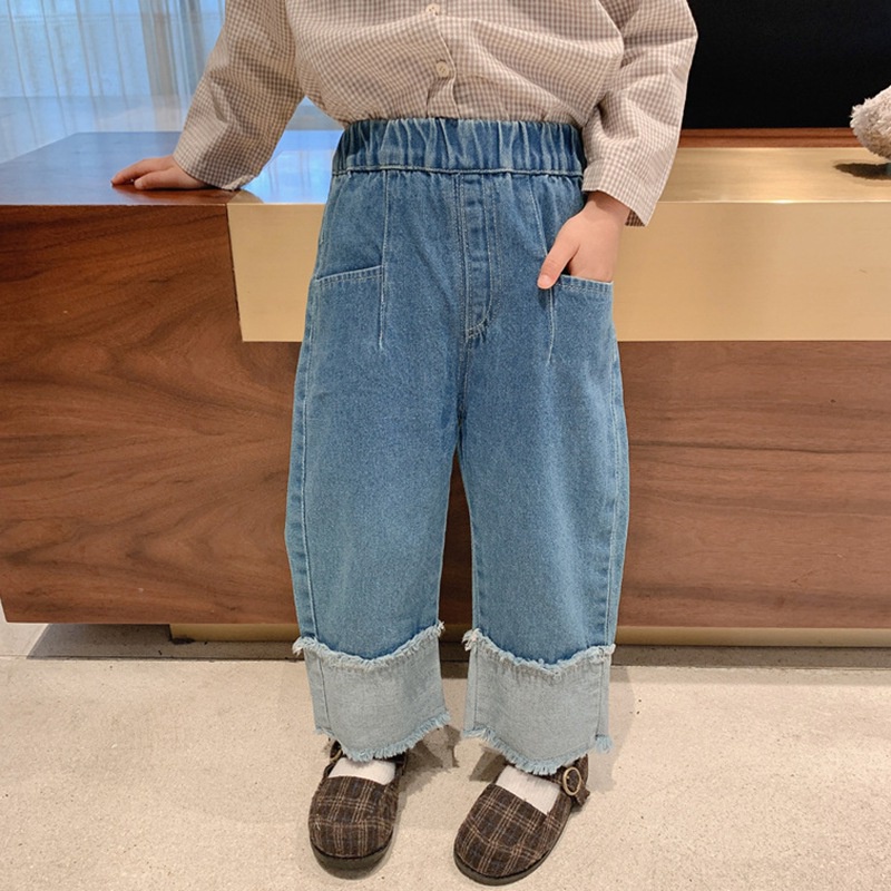 Quần Jeans Ống Rộng Lưng Thun Mềm Thời Trang Hàn Quốc Cho Bé Gái