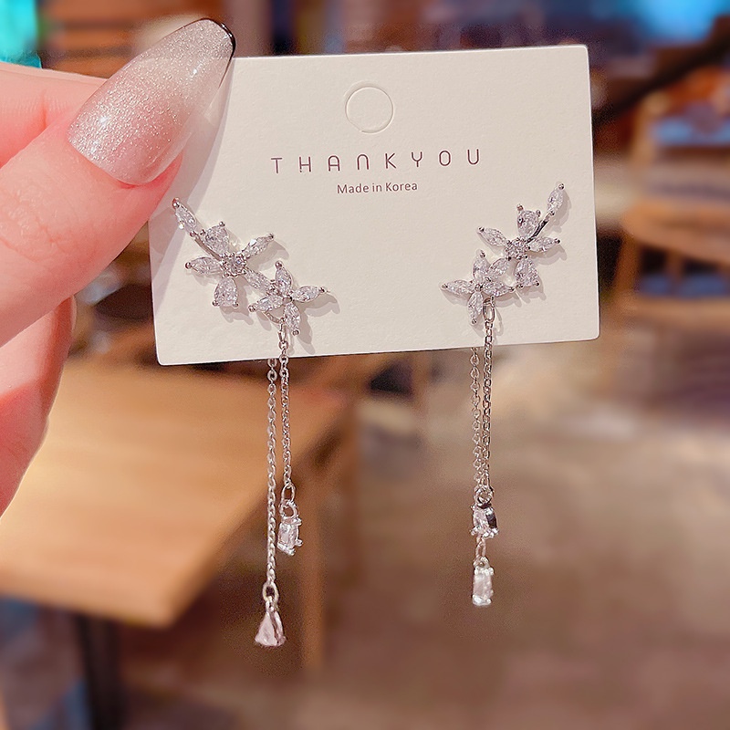 khuyên tai dài hàn quốc khuyên tai nữ bạc Khuyên tai dài đính đá zircon tua rua siêu lấp lánh thời trang Hàn Quốc mới cao cấp cho nữ