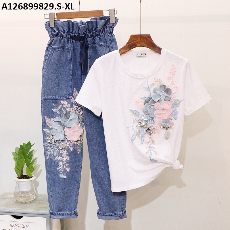 SET QUẦN ÁO NỮ XUÂN HÈ: ÁO PHÔNG+ QUẦN BÒ CHUN ỐNG RỘNG THÊU HỌA TIẾT XINH