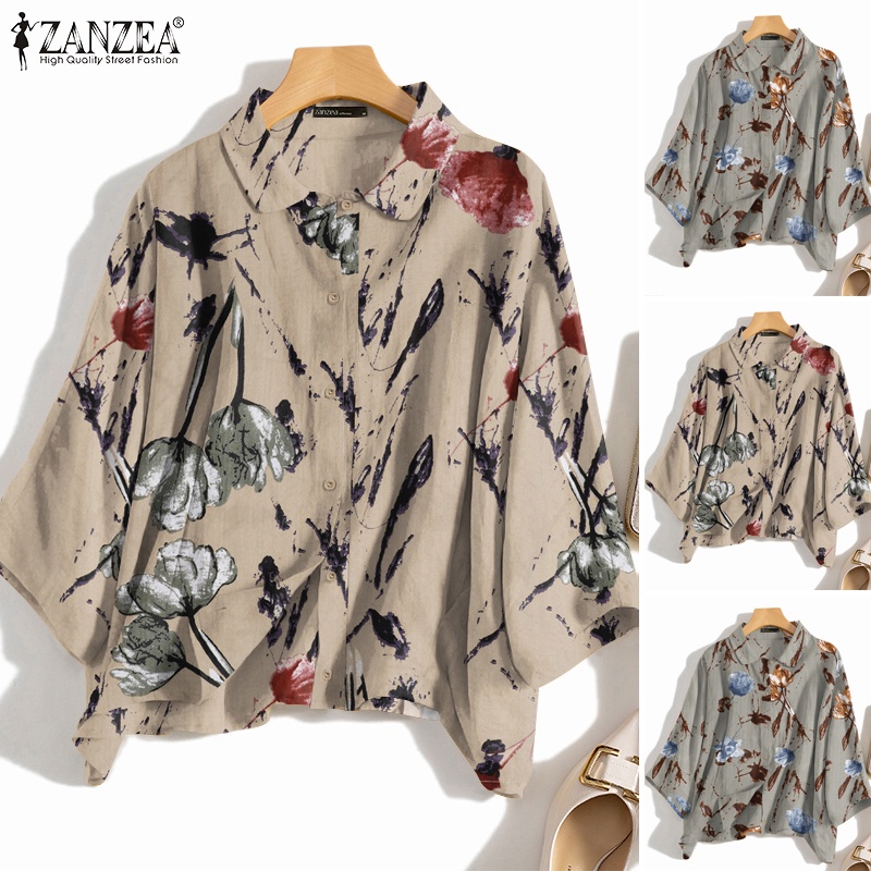 ZANZEA Áo Sơ Mi Tay Dài Cổ Bẻ In Họa Tiết Vintage Thời Trang Cho Nữ