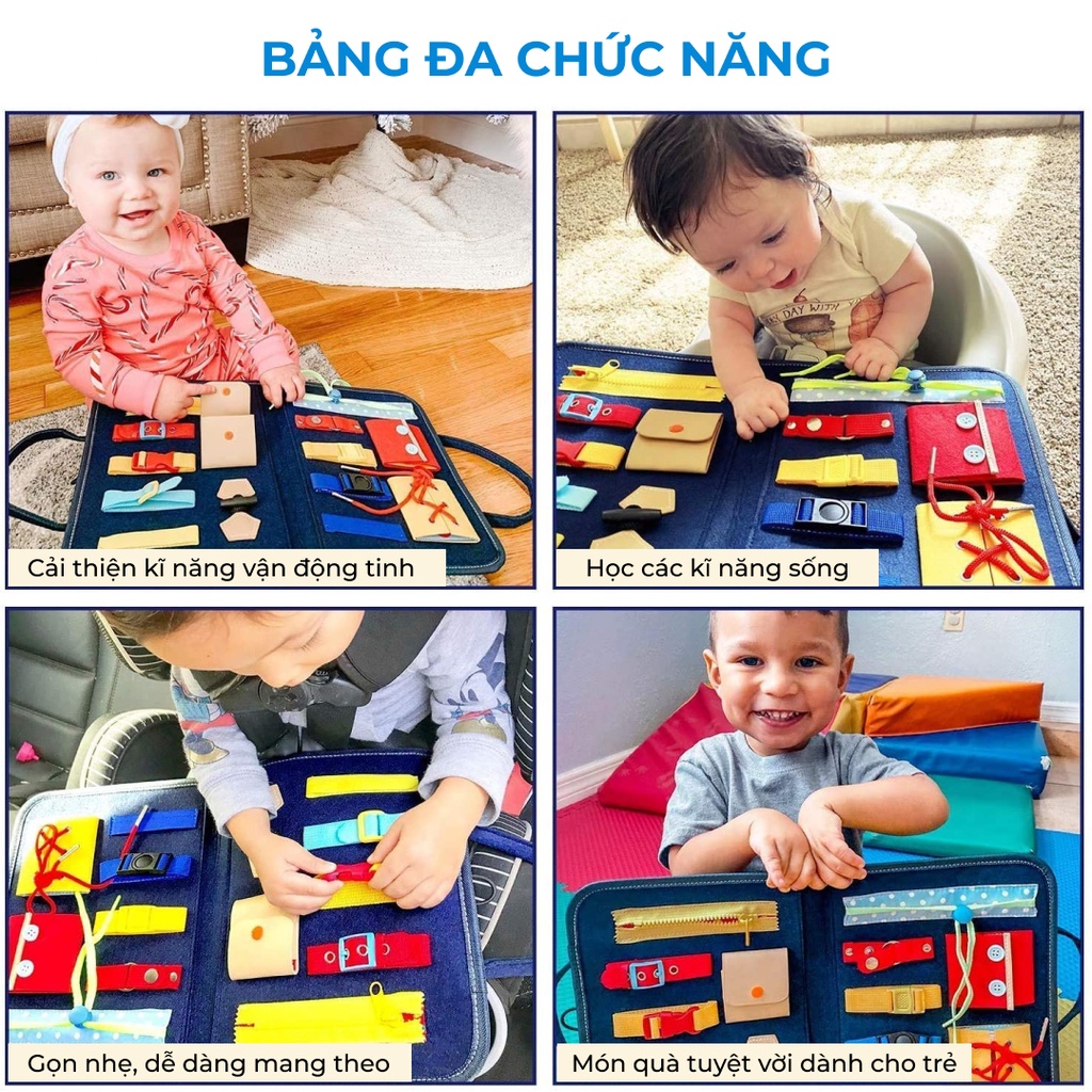 Bảng bận rộn hình chiếc cặp cho bé 14 bài học bằng vải Busy board đồ chơi giáo dục Montessori cho trẻ em 1-3 tuổi