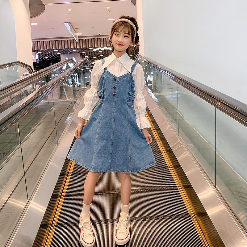 Set Áo Sơ Mi Và Váy Yếm Denim Thời Trang Xuân Thu Hàn Quốc 2023 Mới Cho Bé Gái 5-8 - 12-14 Tuổi