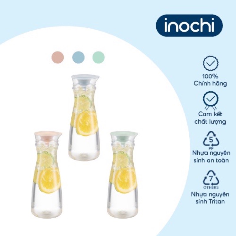 Bình nước Inochi  1.2L thân Trắng trong + nắp Xanh nhạt