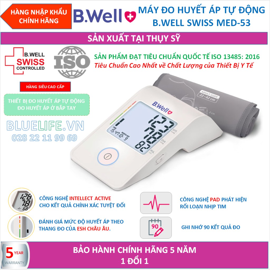 MÁY ĐO HUYẾT ÁP BẮP TAY B.WELL SWISS MED-53 - CHÍNH HÃNG THỤY SỸ - BẢO HÀNH 5 NĂM - 1 ĐỔI 1