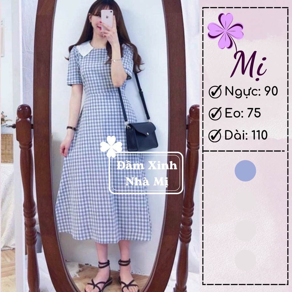 (Hình Thật) Đầm Xinh Dạo Phố Họa Tiết Caro Trẻ Trung, Đầm Xòe Dáng Chữ A Phối Cổ Lá Sen Kèm Dây Thắt Nơ Nữ Tính Màu Xanh