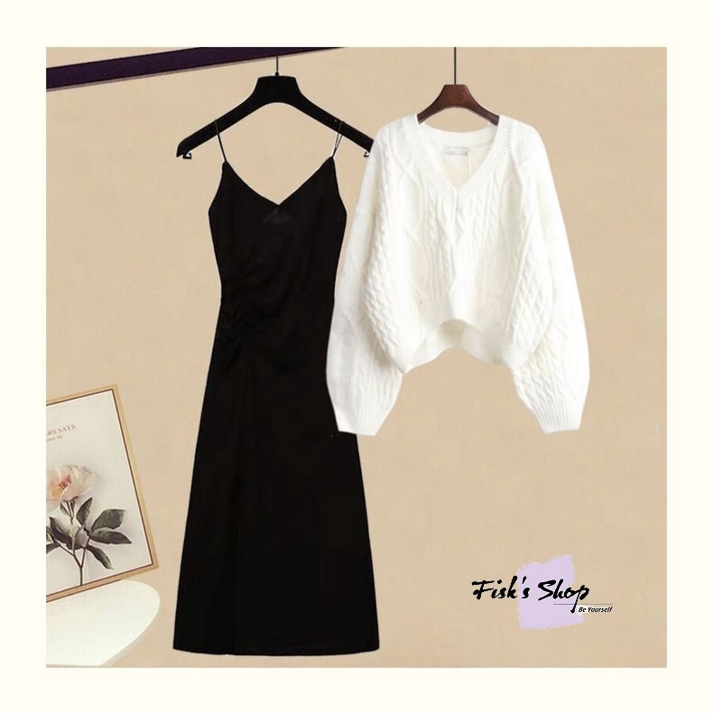 Set áo len váy hai dây