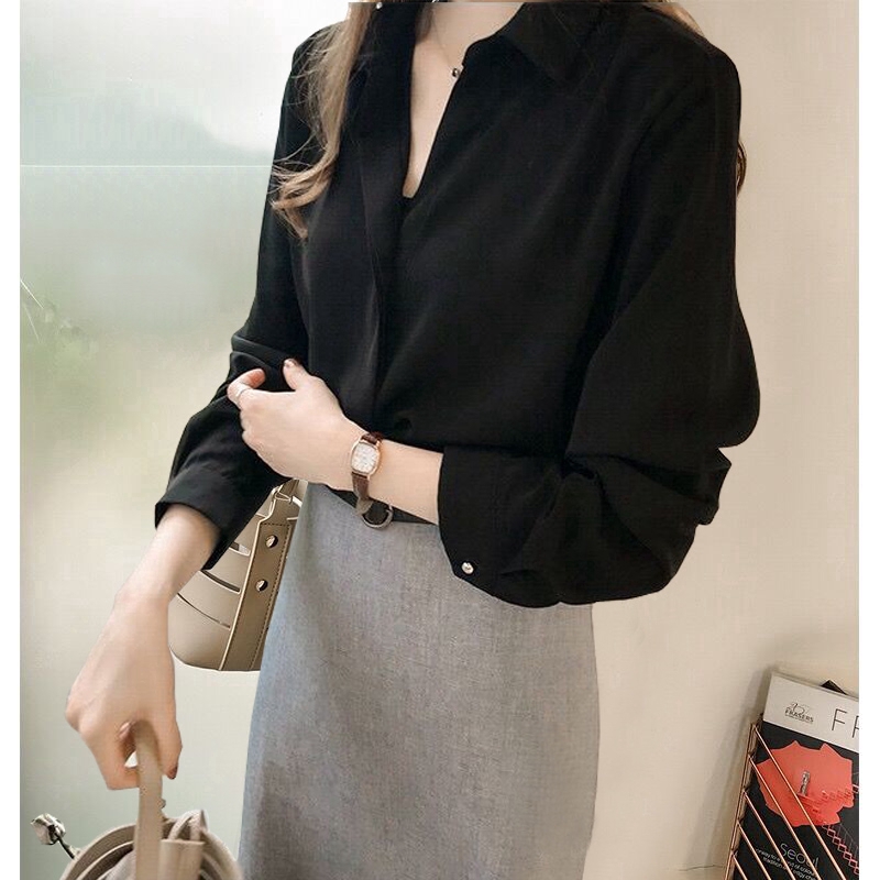 Áo Sơ Mi Dài Tay Màu Đen Thời Trang Phong Cách Nữ Tính