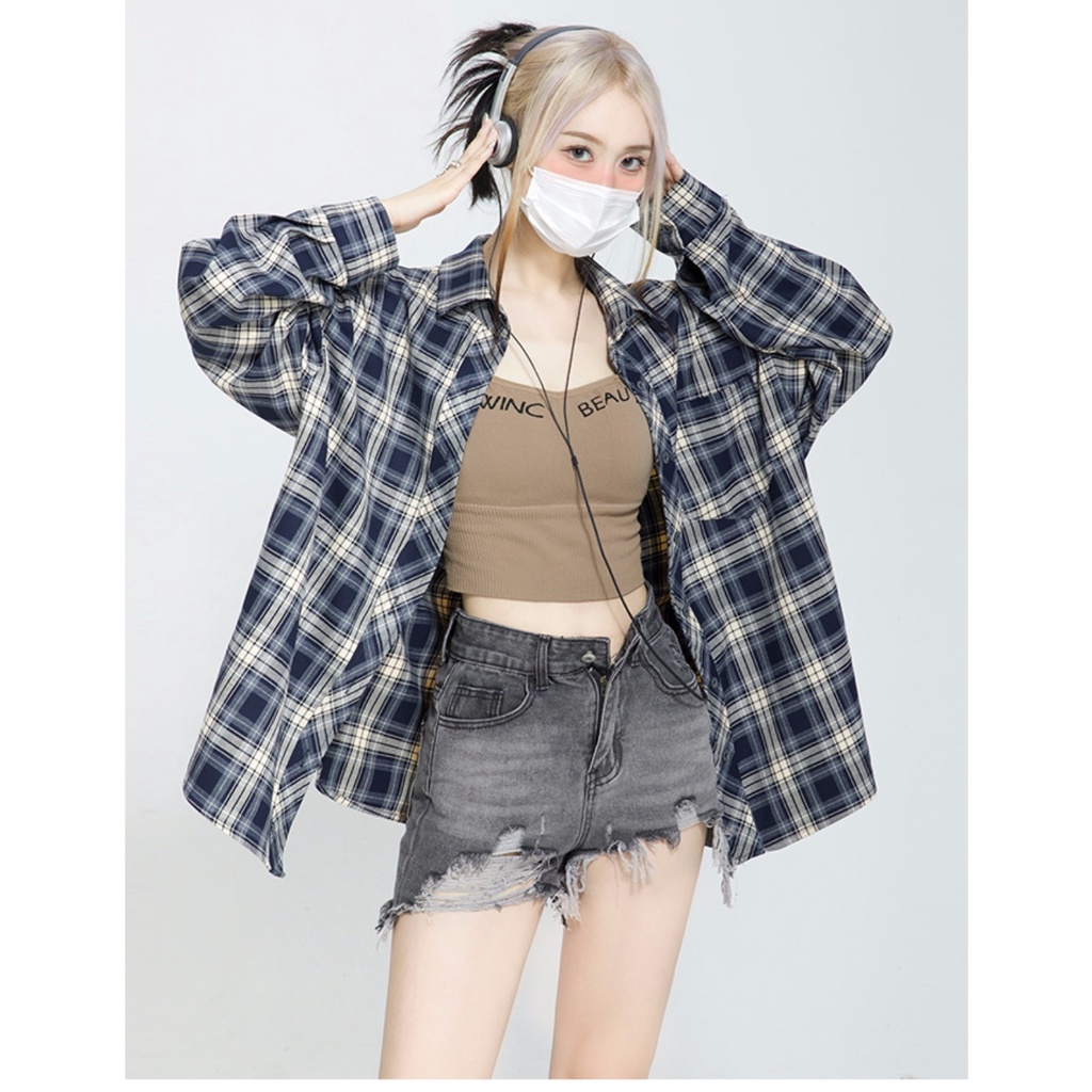 【ZHELIHANGFEI】Áo Sơ Mi Tay Dài Họa Tiết Ca Rô Thời Trang Dành Cho Nữ