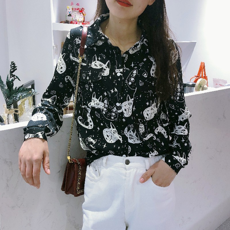 Áo Sơ Mi Nữ Tay Dài Họa Tiết Mèo Phong Cách Hàn Quốc