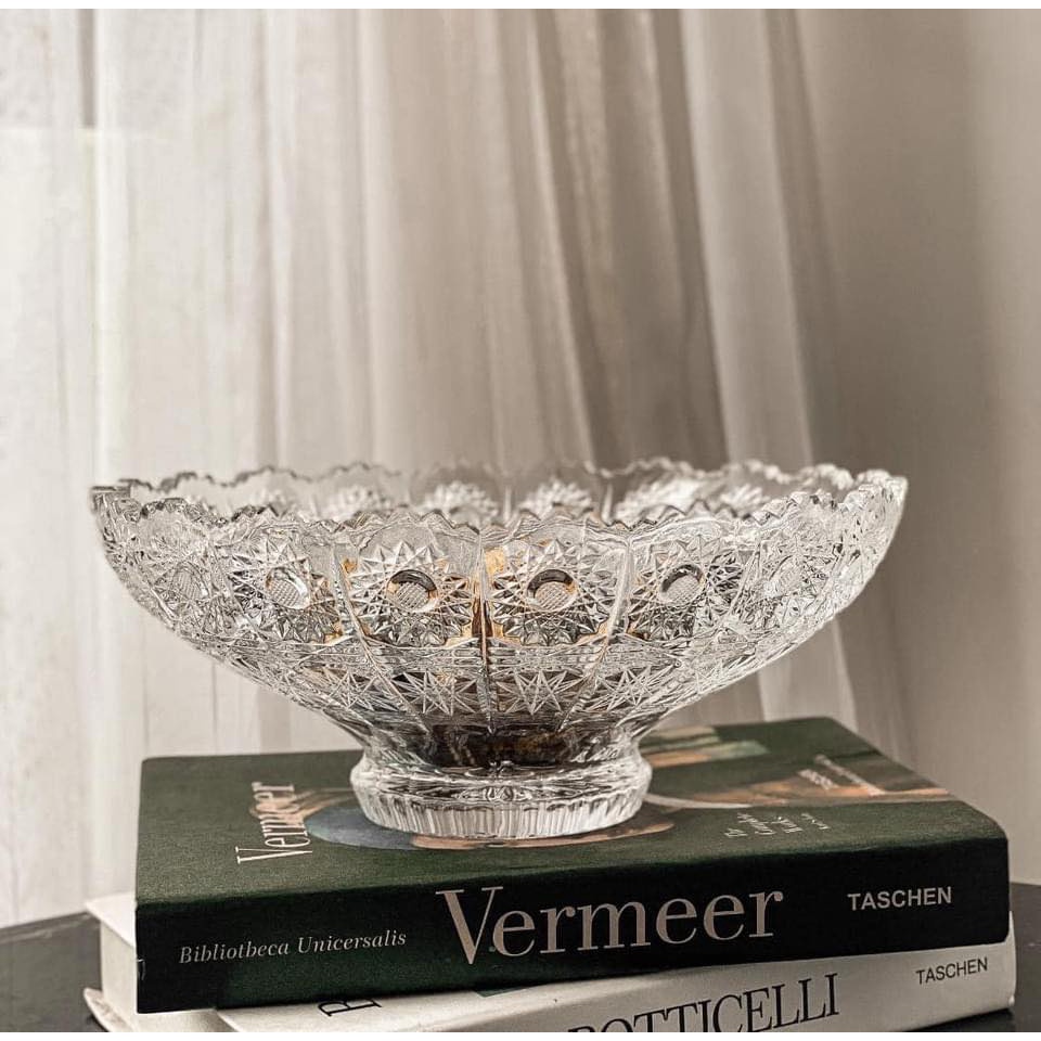 Chân bồng pha lê mài bông tuyết đựng bánh gato, bánh, trái, đồ ăn tráng miệng Bohemia (đk 30,5cm)