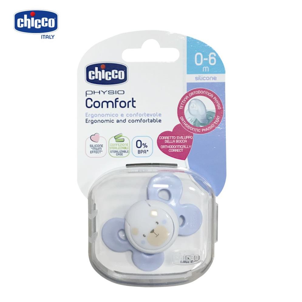 Ty ngậm silicon Chicco Physio Comfort màu xanh kèm hộp 0 - 6M