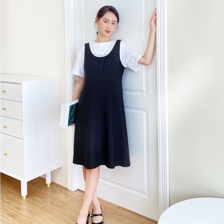 MEDYLA - Đầm bầu yếm công sở dáng yếm không kèm áo cotton lụa sạn cho bầu đi chơi du lịch - VY038