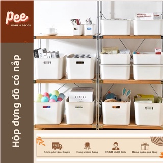 Hộp đựng đồ đa năng bằng nhựa cao cấp có nắp nhiều kích thước màu trắng - Peehomedecor
