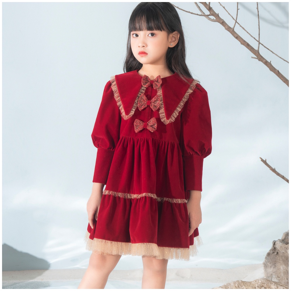 Váy công chúa nhung đỏ dáng xòe Rona 137KIDS thiết kế nơ ren cao cấp cho bé gái đi chơi dự tiệc