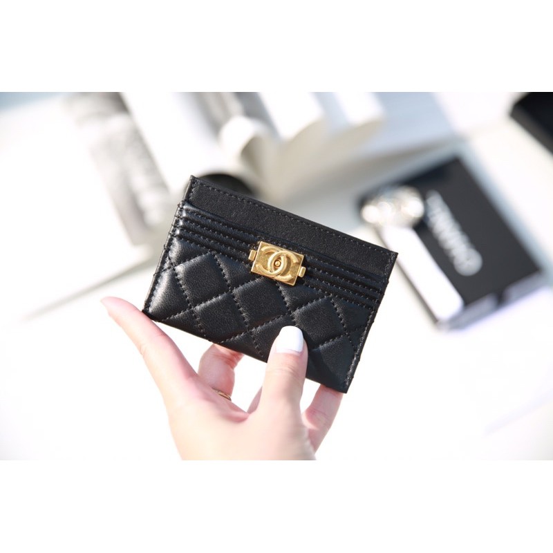 Ví mini đựng thẻ CARD HOLDER da thật khoá vàng màu đen fullbox có hộp