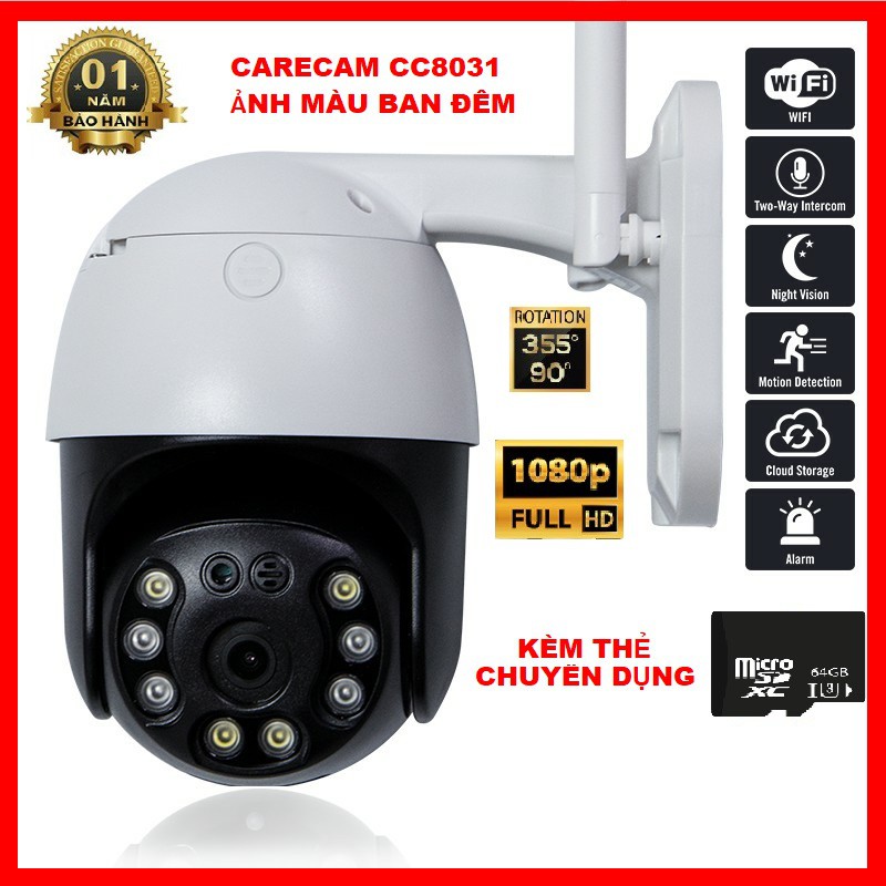 Camera ngoài trời Carecam wifi CC8031 xoay 360 độ phân giải 3.0Mpx hình ảnh Full HD sắc nét kèm thẻ nhớ tùy chọn