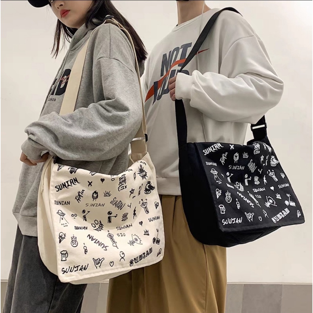 Túi tote vải đeo chéo canvas unisex cao cấp đựng vừa khổ a4 đi học đi chơi Hàn Quốc