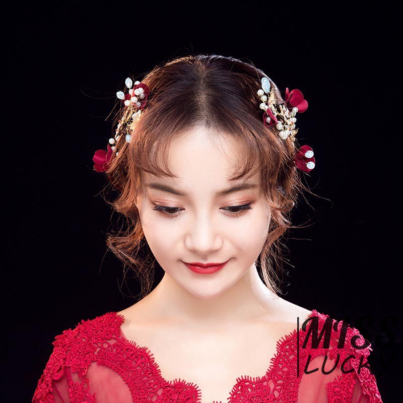 Red Wedding Bride Headdress Hairpin Clip Jewelry Accessories Flowers Ornaments New styles Roses Goddes Style Barrett