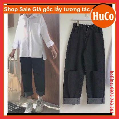 sét trang phục nữ, sét đồ áo sơ mi trắng dài tay xẻ tà basic trơn + quần bò đen cạp cao ống rộng siêu hách dáng tách lẻ | BigBuy360 - bigbuy360.vn