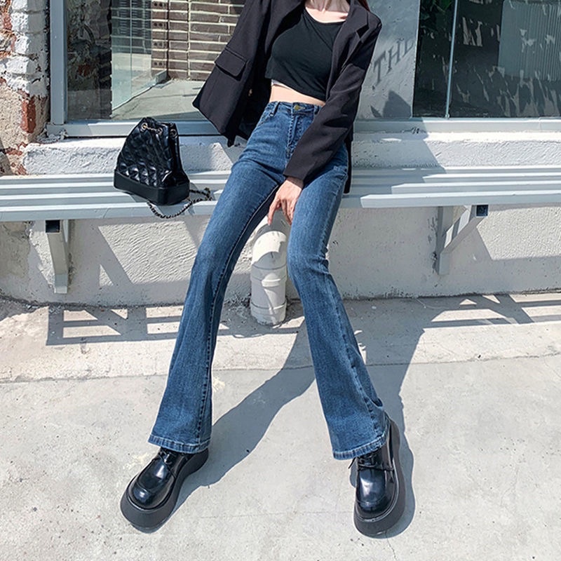 Quần Jeans Nữ Màu Xanh Ống Loe Xoè Cạp Cao Phong Cách Hàn Quốc Chất Jean Loại 1 Co Dãn Cá Tính Năng Động Mặc Hàng Ngày