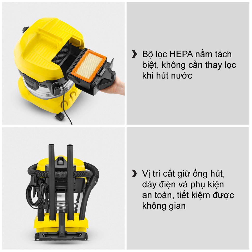 (Sản xuất Romania) Máy hút bụi khô và ướt Karcher WD 4 Premium công suất 1000w với thùng chứa thép chóng gỉ 20 lít