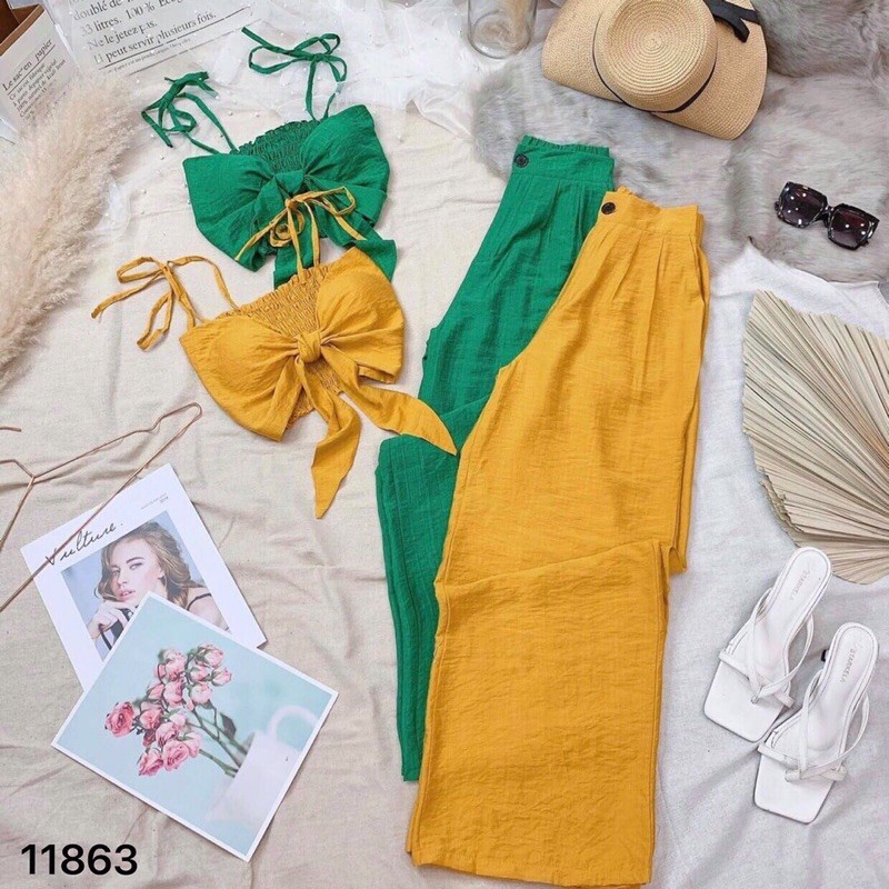Set xô đũi crop top cột ngực hai dây nơ phối quần suông lưng cao 11863 - 1 set gồm 1 áo + 1 quần
