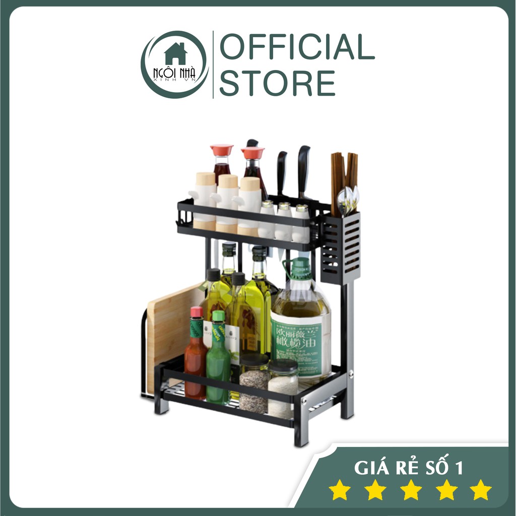 Kệ gia vị 2 tầng tiện ích đựng đồ dùng nhà bếp đa năng tiện dụng kèm vát dao bằng inox sơn tĩnh điện cao cấp - V20