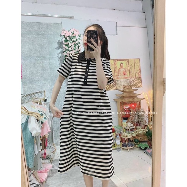 Đầm PoLo Dáng Suông Kẻ Ngang Chất Len Xốp Siêu Xinh