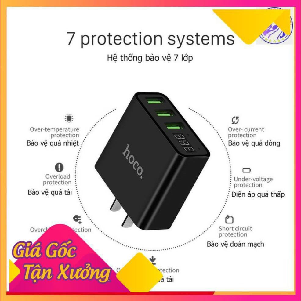 Cốc sạc nhanh 3 cổng USB Hoco C15 có màn LED hiển thị đo dòng - Hàng Chính Hãng